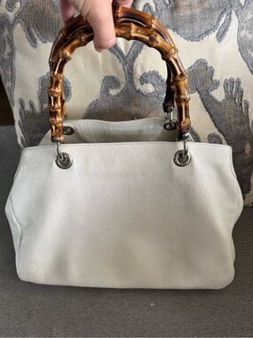 Mark & Graham Bamboo Elisabetta Slouch White Leather Handbag with Bamboo Handles